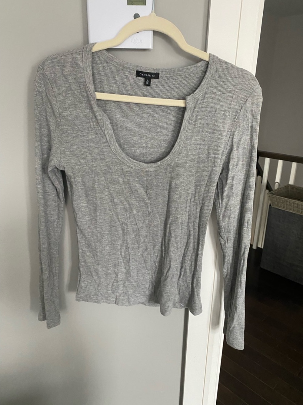 Dynamite Grey Ribbed Scoop Neck Long Sleeve Top